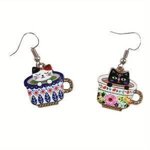 Cats in Teacups- Dangle Earrings- Fun, Playful, Cute